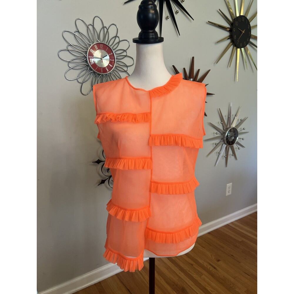 Paskal Designer Sheer Neon Orange Asymmetrical Ruffle Sleeveless Shirt Medium